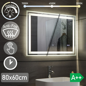 LUSTRO 80x60 CM ŁAZIENKOWE WISZĄCE ŚCIENNE Z LED + ANTI-FOG + ZEGAR