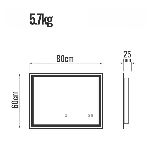  LUSTRO 80x60 CM ŁAZIENKOWE WISZĄCE ŚCIENNE Z LED + ANTI-FOG + ZEGAR