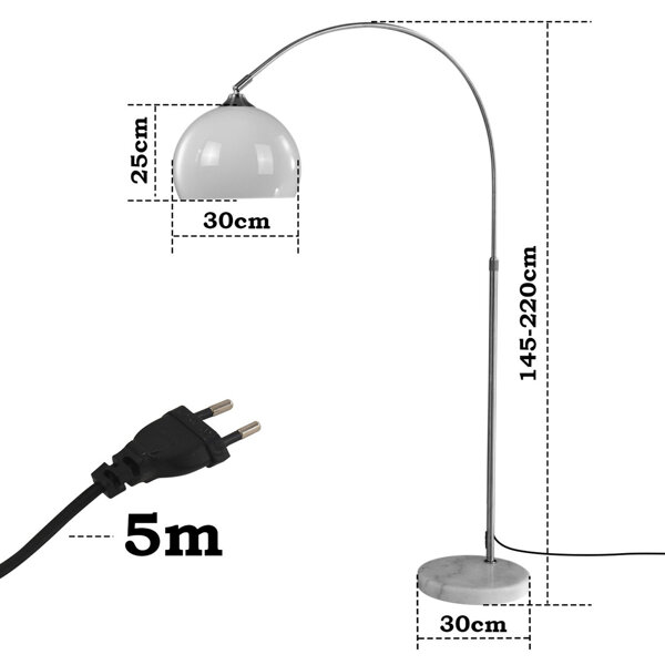 LAMPA PODŁOGOWA ŁUKOWA STOJĄCA KLOSZ BIAŁY 30 CM REGULOWANA 145-220 CM