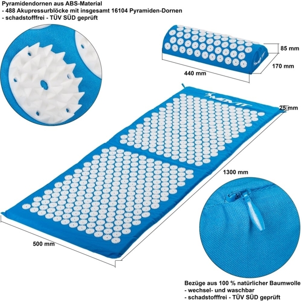 NIEBIESKA MATA ZDROWOTNA DO AKUPRESURY 130x50 CM Z KOLCAMI NA BÓL PLECÓW