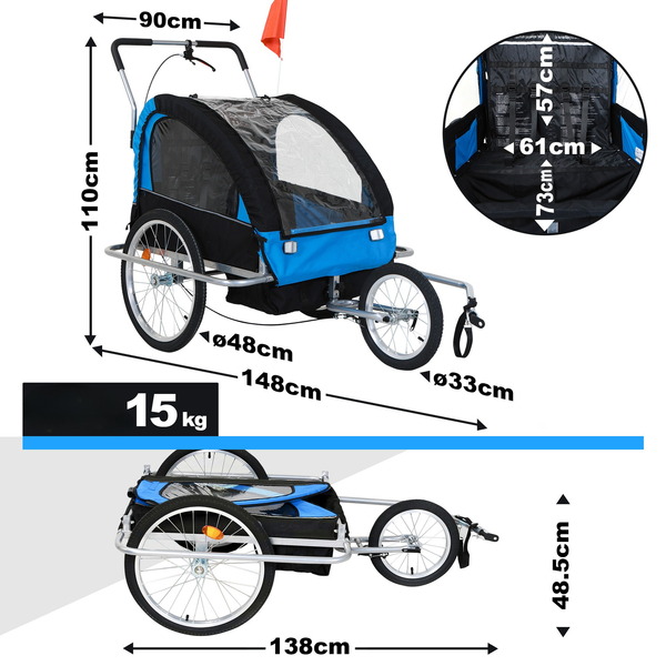 NIEBIESKA PRZYCZEPKA ROWEROWA / JOGGER 2w1 SKŁADANA PRZYCZEPA DO ROWERU