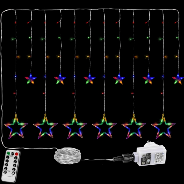 WIELOKOLOROWA KURTYNA NA OKNO 12 GWIAZD 150 DIOD LAMPKI CHOINKOWE