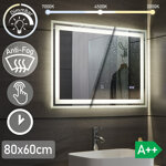  LUSTRO 80x60 CM ŁAZIENKOWE WISZĄCE ŚCIENNE Z LED + ANTI-FOG + ZEGAR